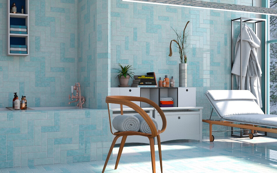Afgewerkte, blauwe badkamer